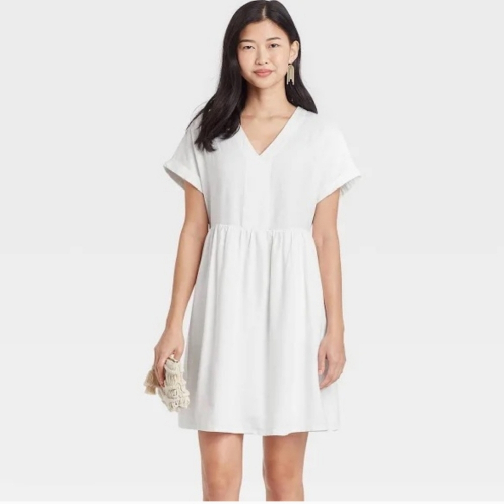 Universal Thread Pullover V-Neck Linen Blend Dress, XL, White